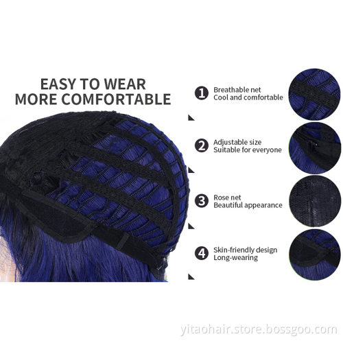 Navy Blue Wig with Flat Bangs 14" Synthetic Natural Hair Heat Resistant Fiber Cosplay Wig for Women Color Ombre Wig